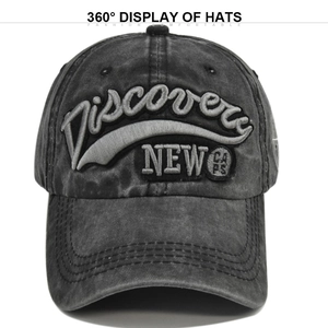 Detail of 3D Discovery embroidery on washed cotton distressed baseball cap