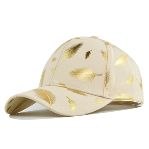 Beige cotton baseball cap with gold feather print and six-panel curved brim