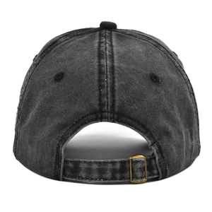 Rear view of vintage washed grey baseball cap featuring adjustable brass metal buckle