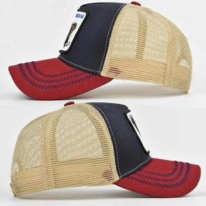 Detail of embroidered Freedom eagle patch and decorative wave stitching on the cap brim