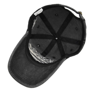 Internal view showing 100% cotton label and sweatband of the dark gray baseball cap