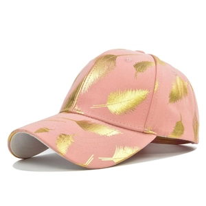 Pink baseball cap with gold leaf print, featuring a stylish six-panel curved brim design