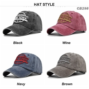 Detailed grid view of washed cotton New York embroidered baseball caps in four colors