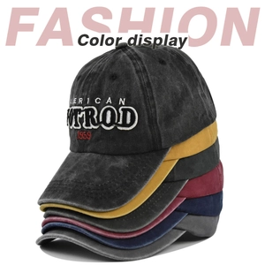 Detailed color display of vintage washed cotton baseball caps with 1959 hot rod embroidery