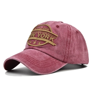 Vintage burgundy washed cotton baseball cap with 3D New York embroidery for outdoor sun shade