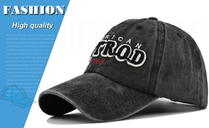 Close-up of vintage washed grey cotton baseball cap with 3D American Rod 1959 embroidery