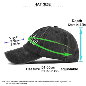 Detailed size chart for washed cotton baseball cap with adjustable strap and measurements