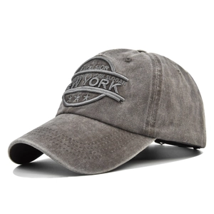 Detail of premium 3D embroidery on washed cotton vintage New York baseball cap