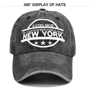Detail of vintage gray cotton baseball cap with high-quality New York 3D embroidery