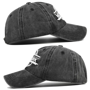 Detailed side views showing 3D NEW YORK embroidery on vintage washed cotton baseball caps