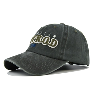 Detail of vintage washed grey baseball cap with high-density 3D American embroidery