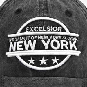 Distressed dark grey baseball cap with vintage New York Excelsior 3D embroidery