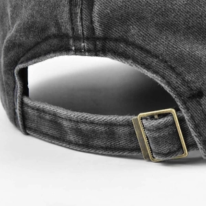 Vintage washed dark grey cotton baseball cap with adjustable antique bronze metal buckle