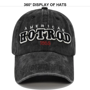 Detail of the high-quality 3D embroidery and vintage washed cotton fabric on baseball cap
