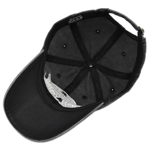 Detailed interior of vintage cotton baseball cap showing 100% cotton label and buckle