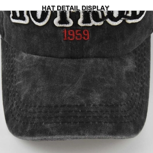 Close-up of vintage washed cotton baseball cap with detailed red 1959 3D embroidery