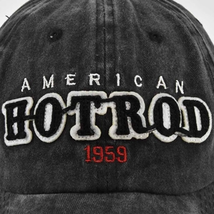 Washed black baseball cap featuring vintage Hotrod embroidery and 1959 patch detail