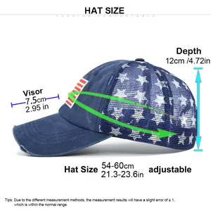 Size chart showing adjustable hat size 54-60cm and visor length of 7.5cm for the baseball cap