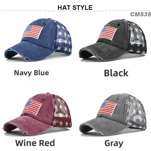 Distressed US flag mesh trucker caps shown in navy, black, burgundy, and grey colors