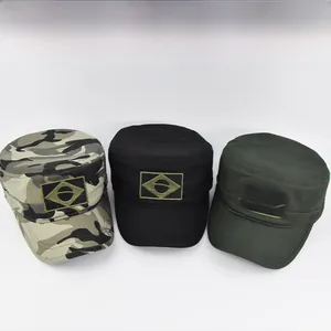 Flat top military caps in camouflage, black, and olive green with Brazil flag patches