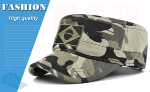 Detail showing woodland camouflage patrol cap with embroidered Brazil flag style patch