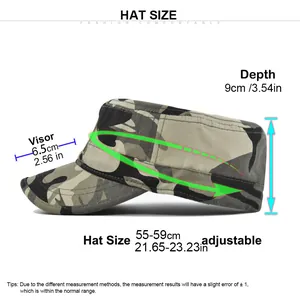 Size chart for Brazil camo hat with 55-59cm adjustable circumference and 6.5cm visor