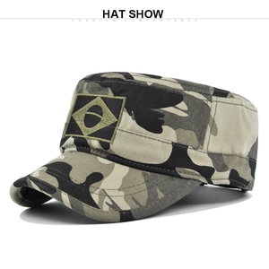 Close-up of military green camo cadet hat featuring embroidered Brazilian flag patch