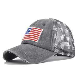 Macro shot of vintage grey baseball cap with 3D flag embroidery and star mesh detail