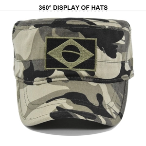 Detail showing the Brazilian flag patch and jungle camouflage texture on the army cap