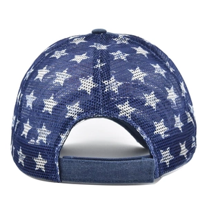 Navy blue mesh baseball cap with white star prints and adjustable back strap