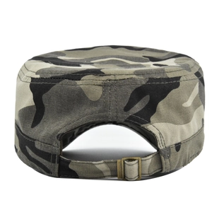 Detail view of military cap back with adjustable fabric strap and bronze metal buckle