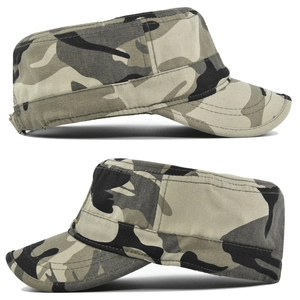 Side views of a woodland camouflage patrol cap with durable canvas texture and stitching