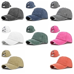 Distressed ponytail baseball caps in multiple colors with elastic cross-band design
