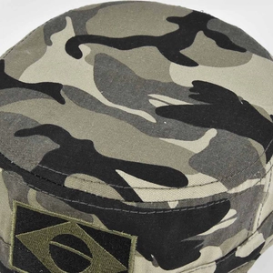 Close-up of urban camouflage cadet cap featuring the Brazilian flag embroidered patch