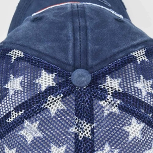Vintage navy trucker hat with American flag stars embroidery and mesh back detail