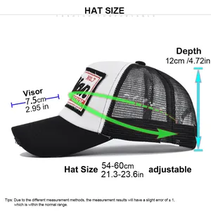 Detailed size guide for adjustable trucker hat with embroidery and mesh panels