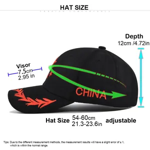 Detailed size guide for black cotton baseball cap with China and wheat embroidery