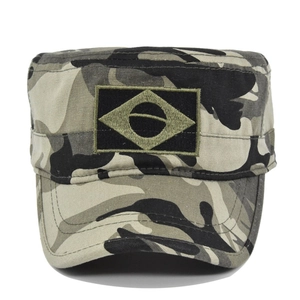 Camouflage flat top military hat with Brazil flag patch in olive green canvas material