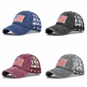 Distressed vintage baseball caps with 3D American flag embroidery and star mesh back