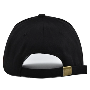 Detail view of the back of a black cotton baseball cap with adjustable metal buckle