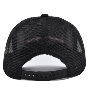 Rear view of black trucker hat showing breathable mesh and adjustable snapback closure