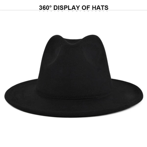 Vista frontale del cappello Fedora in lana nera con corona a goccia e tesa larga