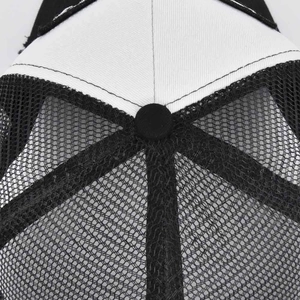 Close-up of baseball cap back with breathable black mesh and durable double-stitch seams