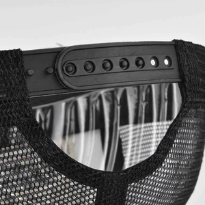 Rear view of black breathable mesh trucker hat with adjustable snapback closure strap