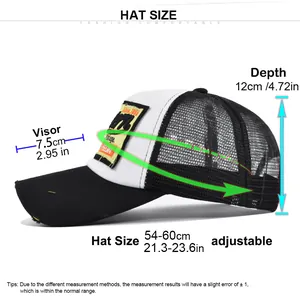 Detaillierte Größentabelle für die bestickte Mesh-Trucker-Cap mit Maßen der Passform