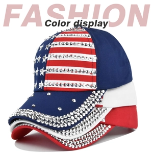 Detail view of American flag baseball caps with rhinestone studs in three colors