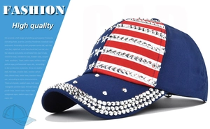 Close-up of navy blue cotton baseball cap with American flag rhinestone pattern