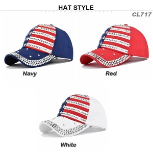 Close-up of sparkling rhinestone-studded USA flag baseball caps in navy, red, and white