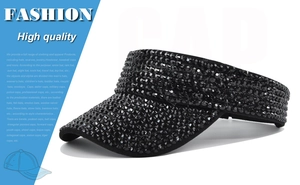 Detail view of the high-quality black rhinestones on a stylish summer visor cap for women