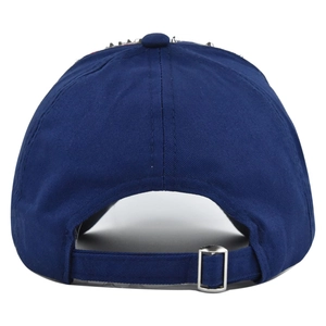 Detail view of the navy blue cotton baseball cap back with adjustable fabric strap and buckle